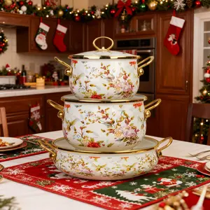 20/24/30cm Enamel Soup Pot Set, Vintage Floral Bird Design, Large Capacity, with Lid, Stackable Cookware, Gas & Induction Compatible