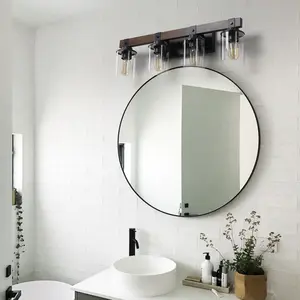 27" Rustic 4-Light Vanity Light, Industrial Bathroom Wall Sconce with Glass Shades and Wood Accent, Modern Farmhouse Lighting Fixture (No Bulbs)