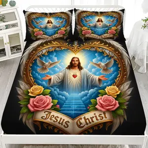 Fitted Sheet 3-Piece Set - 2D Flat Printed Jesus Rose Pattern Mattress Covers, Available in 10 Sizes (1 fitted sheet + 2 pillowcases, no insert). skin-friendly and breathable bedding, suitable for family bedrooms .