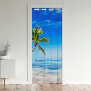 Ocean Beach Door Curtain,Hawaiian Palm Tree Closet 30%-50% Blackout Door Cover Curtain,Tropical Summer Thermal Room Divider Curtain Cover