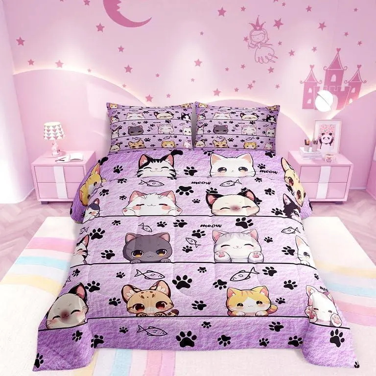 Cartoon Cat Comforter Set,Kitten Kitty Pet Purple Quilt Set,Soft Bed Collection,Cute Animals Bedding Comforter for Boys Girls Room Decor