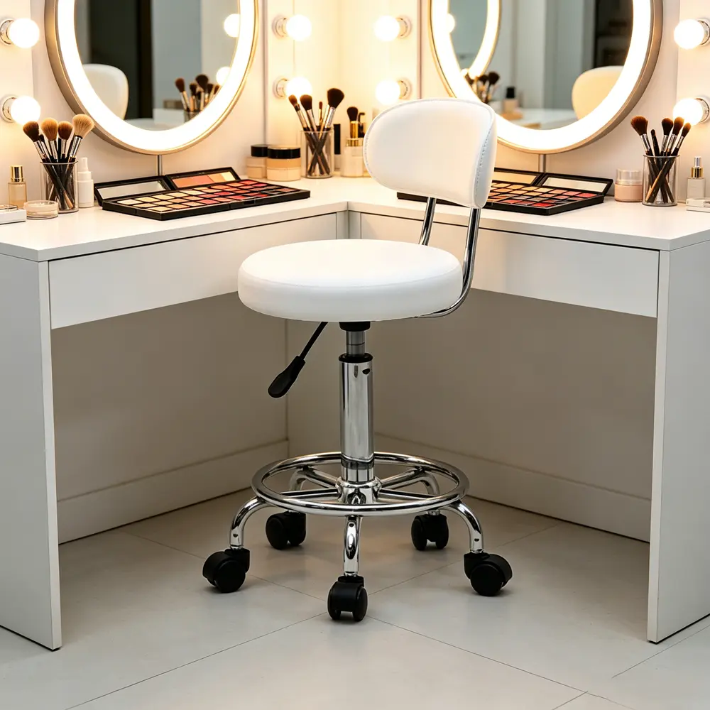 Commercial Salon Round Adjustable Stool with Backrest, Lined White Finish - Sit-Down Salon Furniture