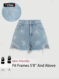 Women's Trendy Fashion New High Waist Denim Shorts, Fitted Button Fly Design, Rhinestone Star Pattern, Washable Comfort Women's Shorts, Casual Fashion Shorts