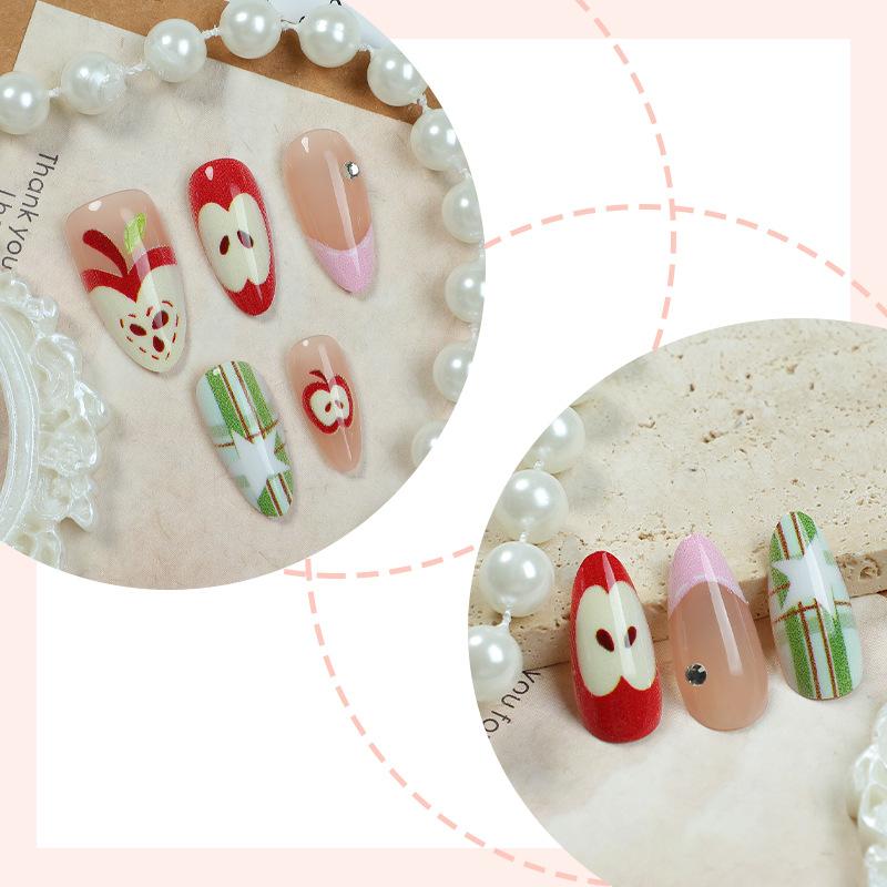 30pcs Almond Nail Tips, Apple Design, French Star Rhinestones, Glossy Finish, Medium Length, Includes Jelly Glue and File, Handmade Press On, Glossy False Nails