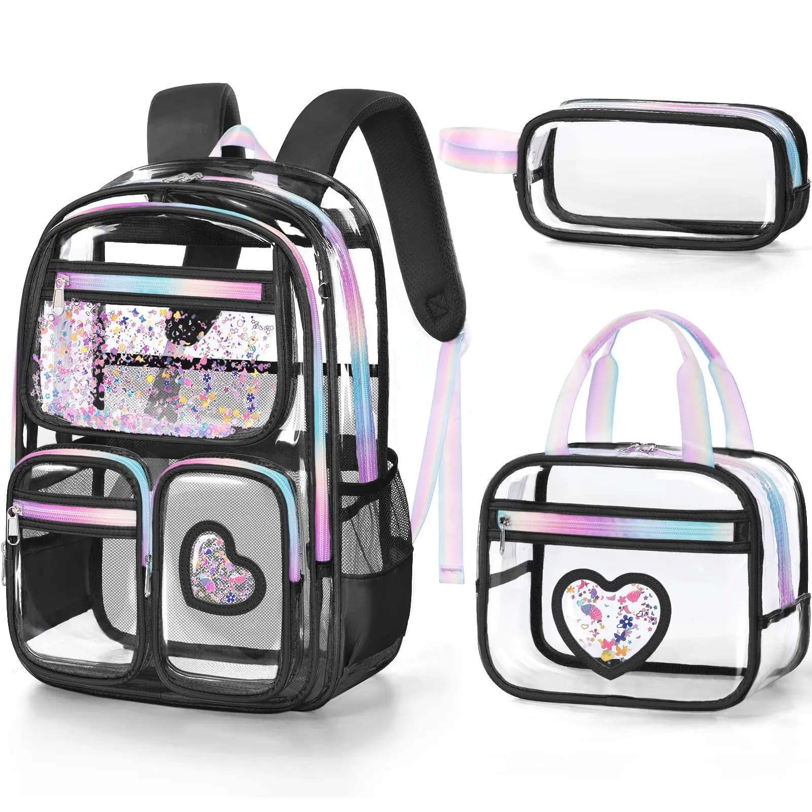 Clear Backpack For  3pcs Heavy Duty Pvc Transparent Teen School Concert Stadium Events Approved See Through Girl Bookbag With Lunch Box & Pencil Case