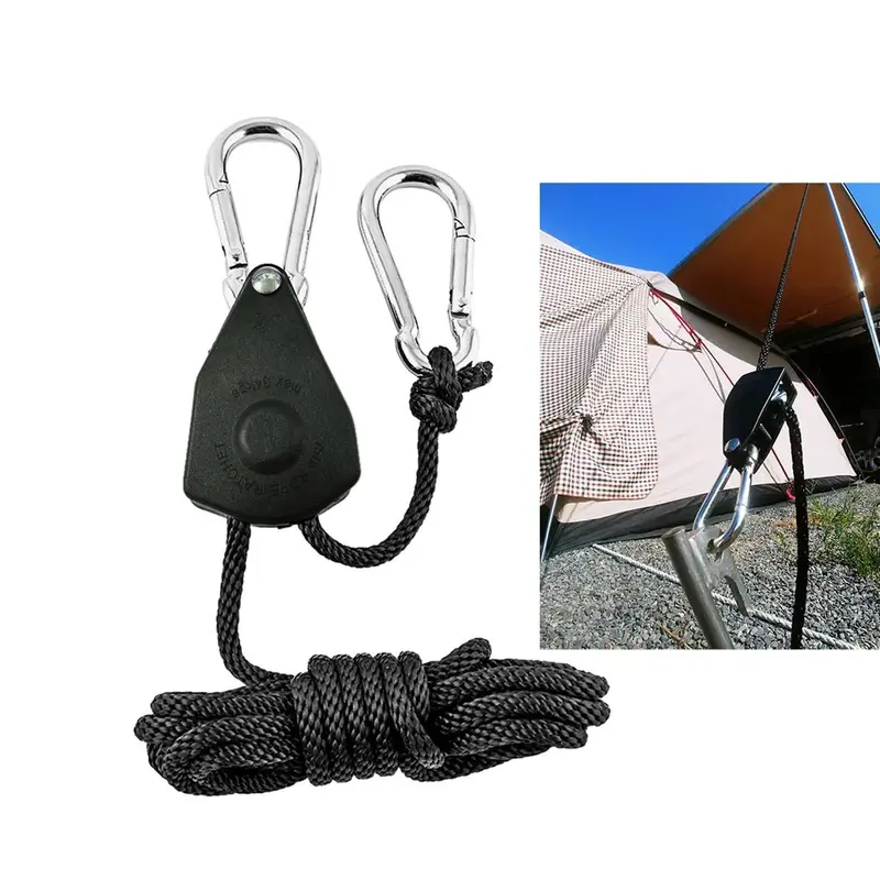 Heavy Duty Adjustable Ratchet Rope with Pulley, 2m 1/8 Inch Grow Light Rope Hanger for Tent, Outdoor Camping Hiking Climbing Accessories