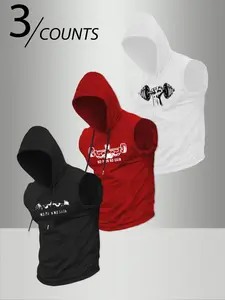 Men's Three-Piece Sleeveless Hooded Vest Set, No Sweat Graphic Design, Fitted Casual Style, Ideal for Gym Training & Daily Wear, Athletic Sports Clothing