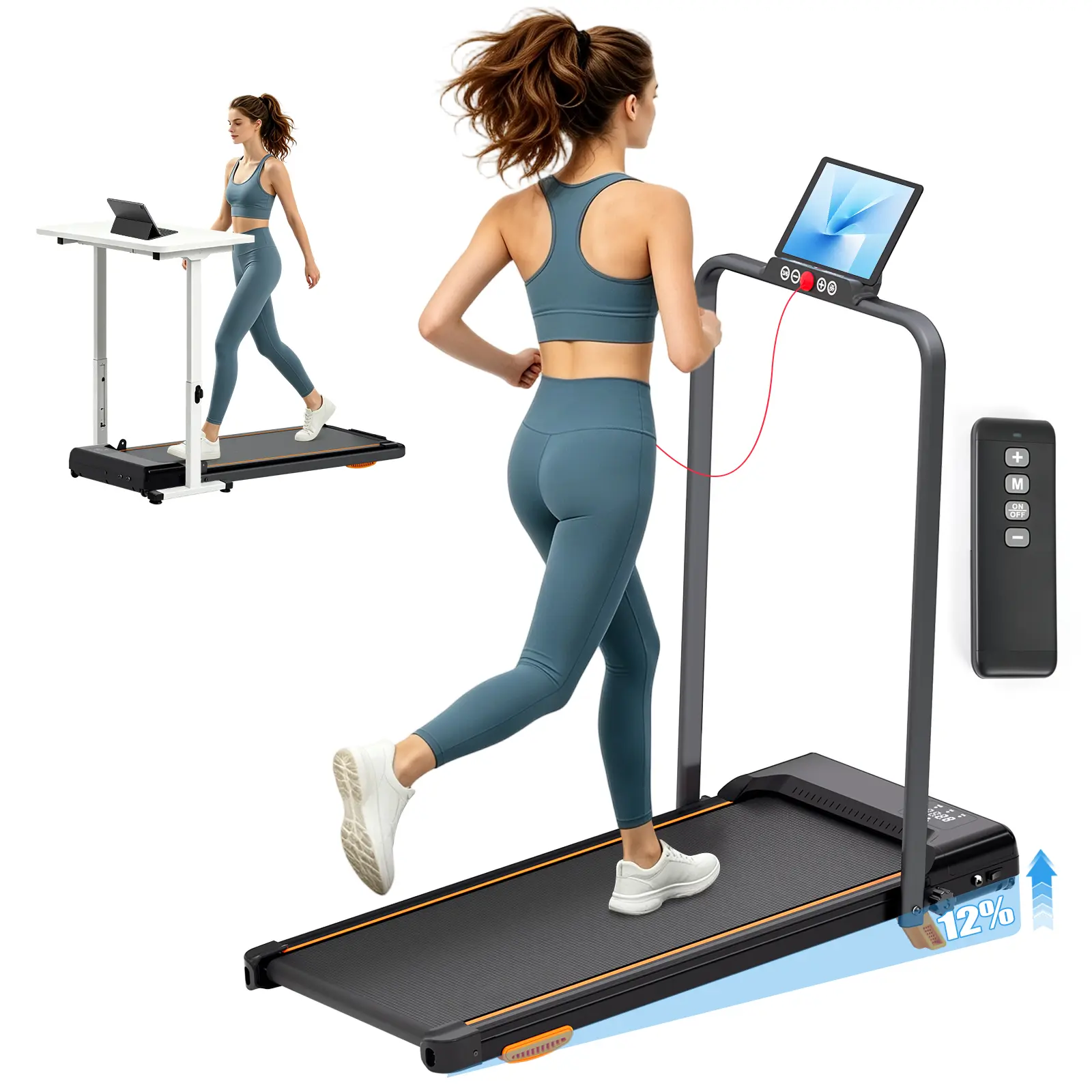3-in-1 Portable Treadmill, Foldable Walking Pad for Home & Office, Incline Walking and Running Machine with Remote Control, LED Display, Safety Handrail, Safety Key, Wheels and Compact Space-Saving Design