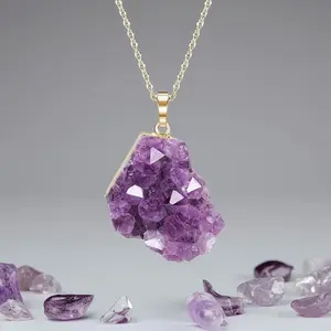 Raw Amethyst Cluster Crystal Necklace for Men & Women, Irregular Rough Amethyst Quartz Pendant, Natural Stone Jewelry, Creative Gift for Valentine's Day, Birthdays & Anniversaries
