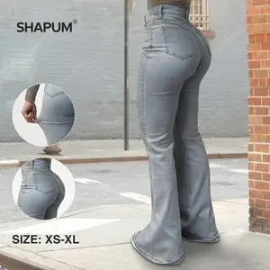 SHAPUM Y2K Women's High Waist Flare Leg Jeans BBL Effect Tummy Control Button Fly Pocket Bell Bottom Denim Kardashian Style Slim Fit 000 Jeans Stretchy Casual Daily Wear Light Wash Denim Pants M042707