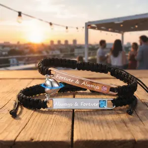 Adjustable Couple Bracelet Set,Matching Couple Bracelets Set with Magnetic Heart Charm,"Always & Forever" Engraved Braided Bracelets for Him and Her,Trendy All-match & Exquisite Jewelry for Romantic Gift