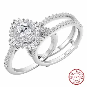 Genuine 925 Sterling Silver Sunflower Engagement Rings With Enhancer Wedding Band Oval Cut 5A Cubic Zircon Fine Jewelry  #Love Story