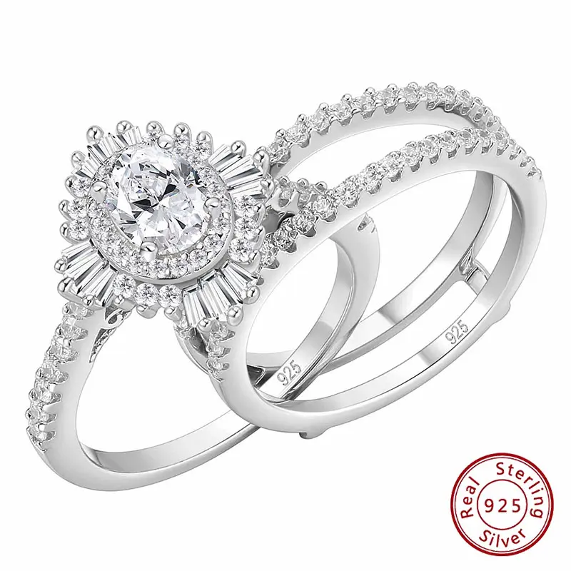 Sunflower Engagement Ring Set for Women, 925 Sterling Silver 2-Piece Wedding Band with an Oval Cut 1.25 CT Cubic Zirconia, Enhancer Wedding Band, Office, 5*7Mm, Set Of Two