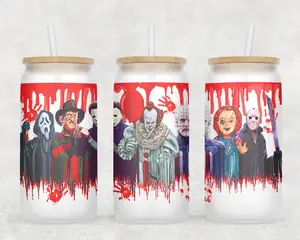 Horror Movie Theme Halloween Glass Cup with Lid + Straw