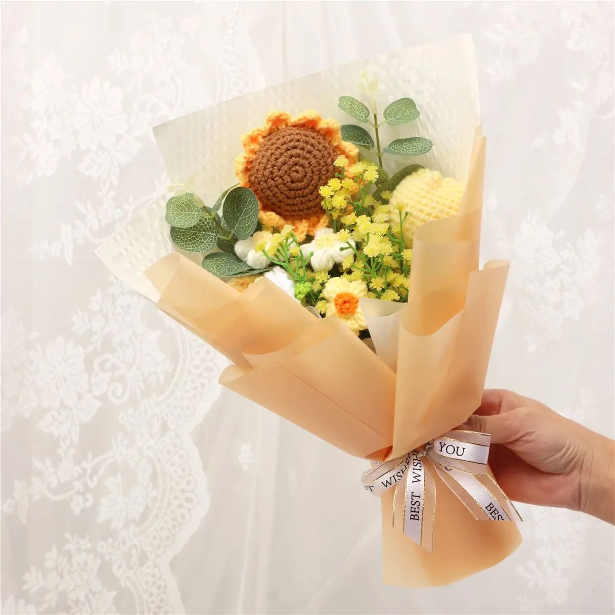 Handmade Knitted Yarn Artificial Flower Bouquet, Sunflower Starry Night Tulip Arrangement, Graduation Valentine Christmas Gift