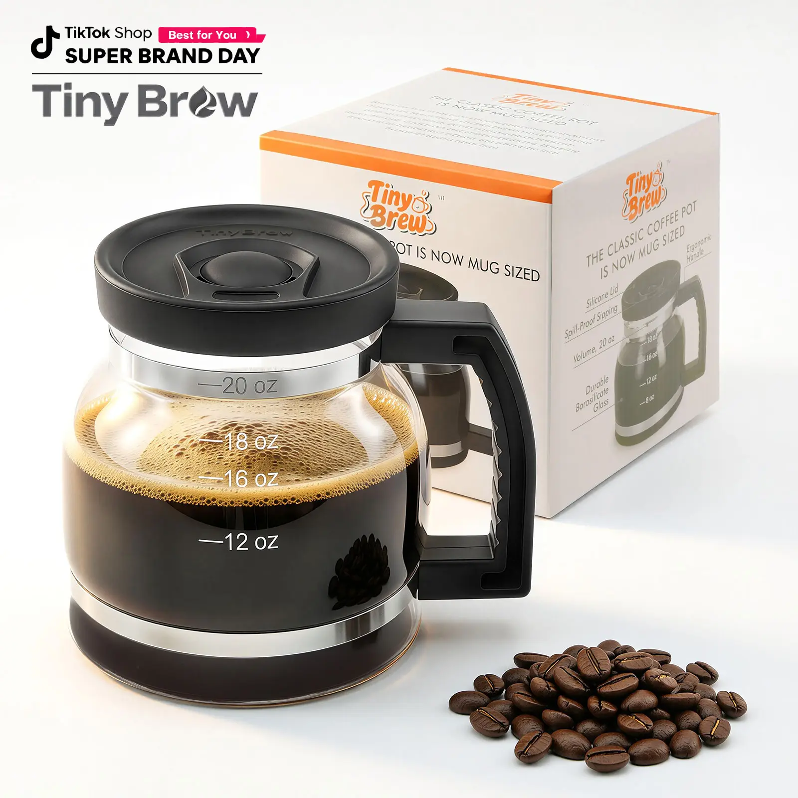 Tiny Brew 20oz Coffee Mug – Borosilicate Glass Diner Pot Mug with Spill-Proof Lid, Novelty Gift for Coffee Lovers, Dads, Office & Travel