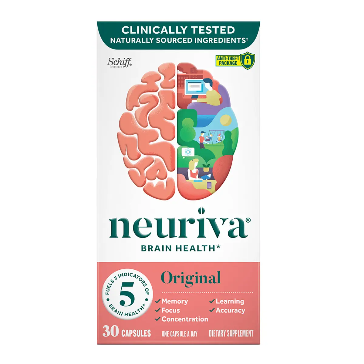 NEURIVA Original Brain Supplement For Memory, Focus & Concentration + Learning & Accuracy with Clinically Tested Nootropics Phosphatidylserine and Neurofactor, Caffeine Free, 30ct Capsules