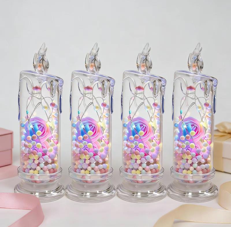 Set of 4 Multicolor Rose Flame-Free Candles Creative Ambiance Romantic Candles LED Realistic Electronic Candles with Preserved Flowers Night Light Decorative Piece Valentine's Day, Halloween, Christmas Gifts Wedding & Proposal Decorations