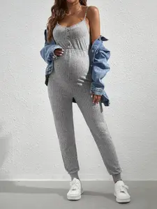 Maternity Gray Jumpsuit, Casual Versatile Sports Maternity Overalls for Summer