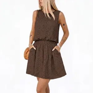 Chicovar Women’s Summer 100% Cotton Eyelet Embroidered Two Piece Set – Sleeveless Button Front Top & High Waist Elastic A-Line Mini Skirt, Hollow Out Matching Outfit for Resort, Vacation, Casual & Work Office Wear