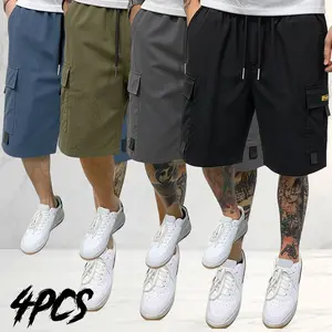 4-Pack Men’s Solid Color Cargo Quick-Dry Shorts, American Streetwear Cargo Style, Cool-Touch Breathable Quick-Dry Fabric for a Refreshing, Sweat-Wicking Feel, Elastic Drawstring Waist for Easy Adjustment and Comfortable Fit Without Tightness, Side Cargo P