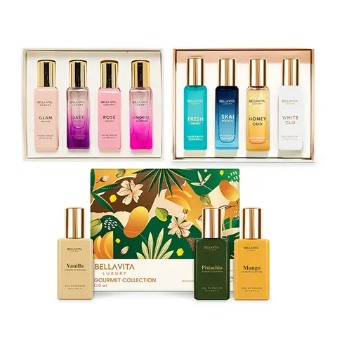 BellaVita Luxury Complete Perfume Gift Bundle | Women & Unisex Eau De Parfum Minis | Women's Gift Set, Unisex Gift Set & Gourmand Gift Set | 3 Premium Sets, 11 Long-Lasting Fragrances | Floral, Gourmand, Fresh & Oud