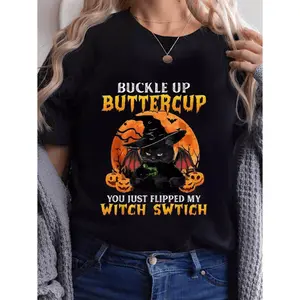 100% Cotton Golf Gift T-Shirt For Men and Women Womens Halloween Witch Cat T Shirt Featuring Playful Graphic for Spooky Celebrations and Casual Wear in Black with Vibrant Accents