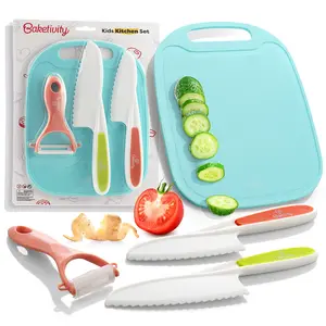 Baketivity Kid Safe Knives For Real Cooking With Cutting Board, Peeler, Plastic Knives For Kitchen - Kids Knife Set With Blunt Tip, Dishwasher Safe, BPA Free Kids Knives For Real Cutting