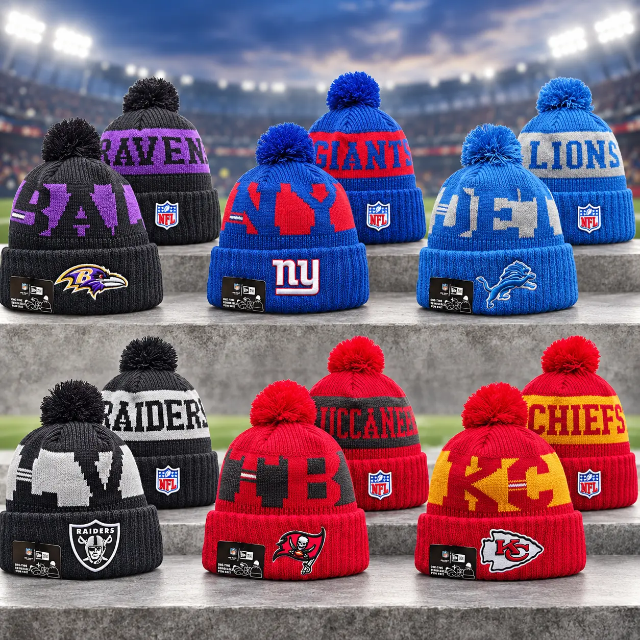 Men’s & Women’s Winter Knit Beanie Hats with Pom Pom – Embroidered Football Team Designs, Warm Cuffed Sports Fan Hats, Casual Outdoor Cold Weather Streetwear