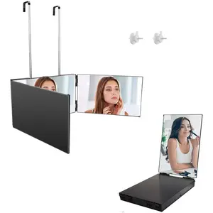 The folding three-sided mirror is used for haircuts, shaving and makeup. It has an adjustable height, two fixed pins, a 360-degree viewing Angle, and clear anti-fog high-definition glass