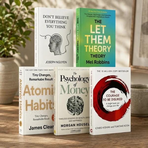 English Regular Softcover Self-Help Book Recommendations Bundle - 5 Bestselling Titles for Life Transformation: Atomic Habits, Let Them Theory, Psychology of Money, The Courage to Be Disliked, Don't Believe Everything You Think (5 Books Set)