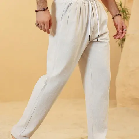 Men's Plain Drawstring Waist Straight Leg Pants, Casual Comfortable Fitted Design with Pockets, Casual Fit Comfy, Spring & Fall Fashion, Casual Outdoor Pants Drawstring Trousers