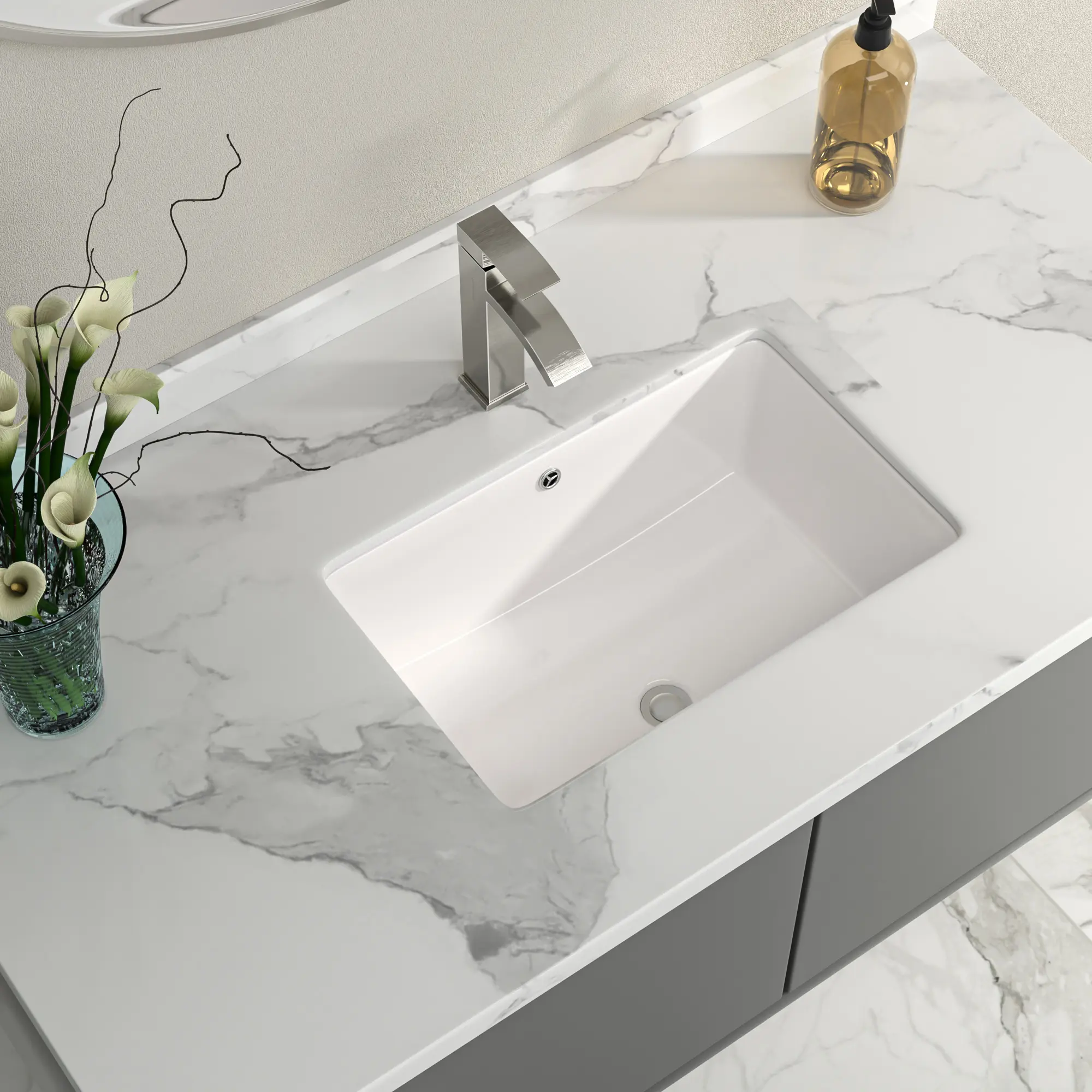 Kichae 21'' x 13'' Rectangular Undermount White Ceramic Bathroom Sink, Under Counter Lavatory Sink with Overflow Hole, Easy to Clean