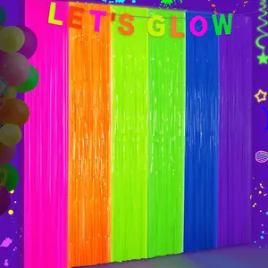 Glow in The Dark Tinsel Curtains 2 Pack - 3.3x6.6ft UV Reactive ?Fluorescent Party Backdrop for Neon, Birthday, Pride Decorations, Pre-Taped, Lightweight