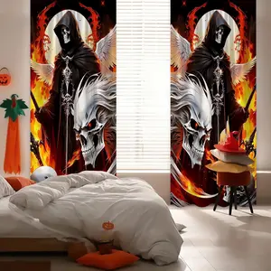 2pcs  Halloween Santa Muerte  Decor Curtain Rod Pocket Curtains Semi Blackout Curtains, Bedroom, Living Room, Window, Kitchen, Office, Home Decor