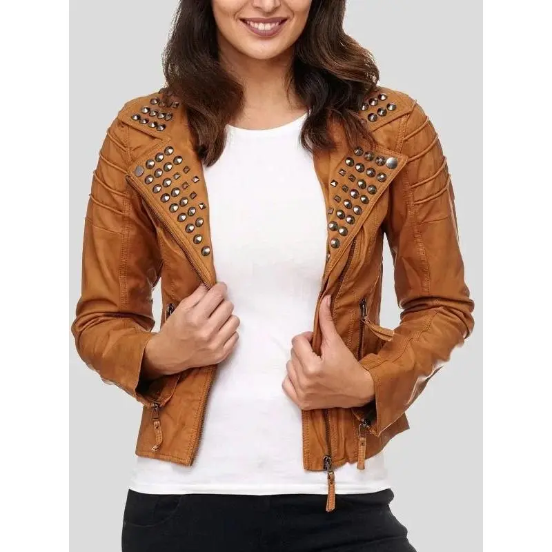 Women's Brown Studded Biker Leather Jacket