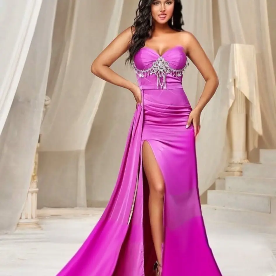 Women’s Belle Elegant Strapless Mauve Mermaid Evening Dress Features Delicate Sequin Waistband, Removable Oversized Dramatic Side Drape, High Slit, Two Wear Effect, And Fish Tail Train Hem For Grand Occasion, Formal/wedding/PROM/party. fashion dress