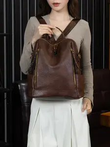 Women's Casual Retro Large Capacity PU Casual Lightweight Zipper Backpack, Perfect for Travel, Commute, Shopping, All Seasons, Plain Style, Durable Material