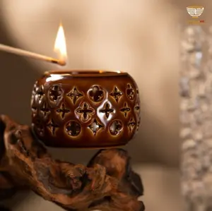 【LINGXIAN Selection Handmade Embossed Ceramic Candle Holder without Candles by Tu Renzhai】– Hollow-Carved Aromatherapy Tealight Cup for Zen Ambiance & Home Aesthetic Decor