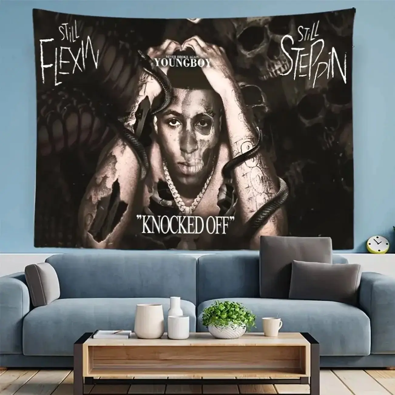 Edgy Hip-Hop Tapestry Featuring YoungBoy Never Broke Again with a Bold "Still Flexin, Still Steppin, Knocked Off" Design