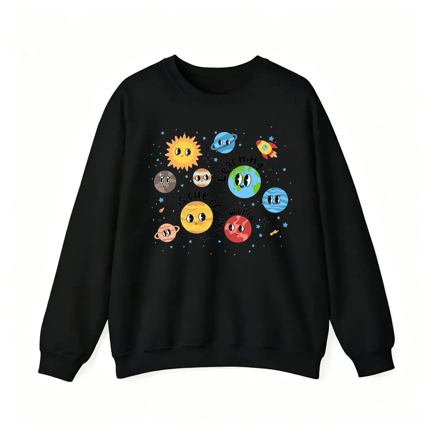 Men Sports Sweatshirt Featuring Fun Anthropomorphic Planet Print Ideal for Teachers Back To School Style Comfortable Athletic Outerwear