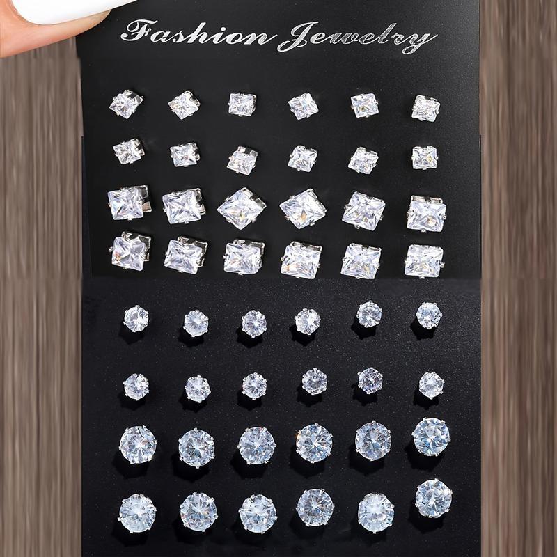 24 Pairs Exquisite Shiny Round Square Shaped Stud Earrings Sparkling Artificial Crystal Inlaid Earrings Set Party Wedding Engagement Anniversary Jewelry Set