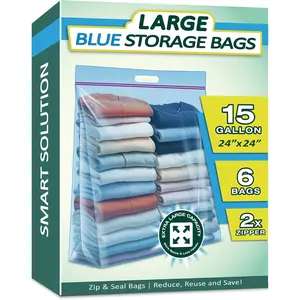 15 Gallon  Storage Bags with Handles, 3.5 Mil Thick 24"x24" with Clear Zipper Heavy Duty for , Moving and Travel, 6 Packs, Blue