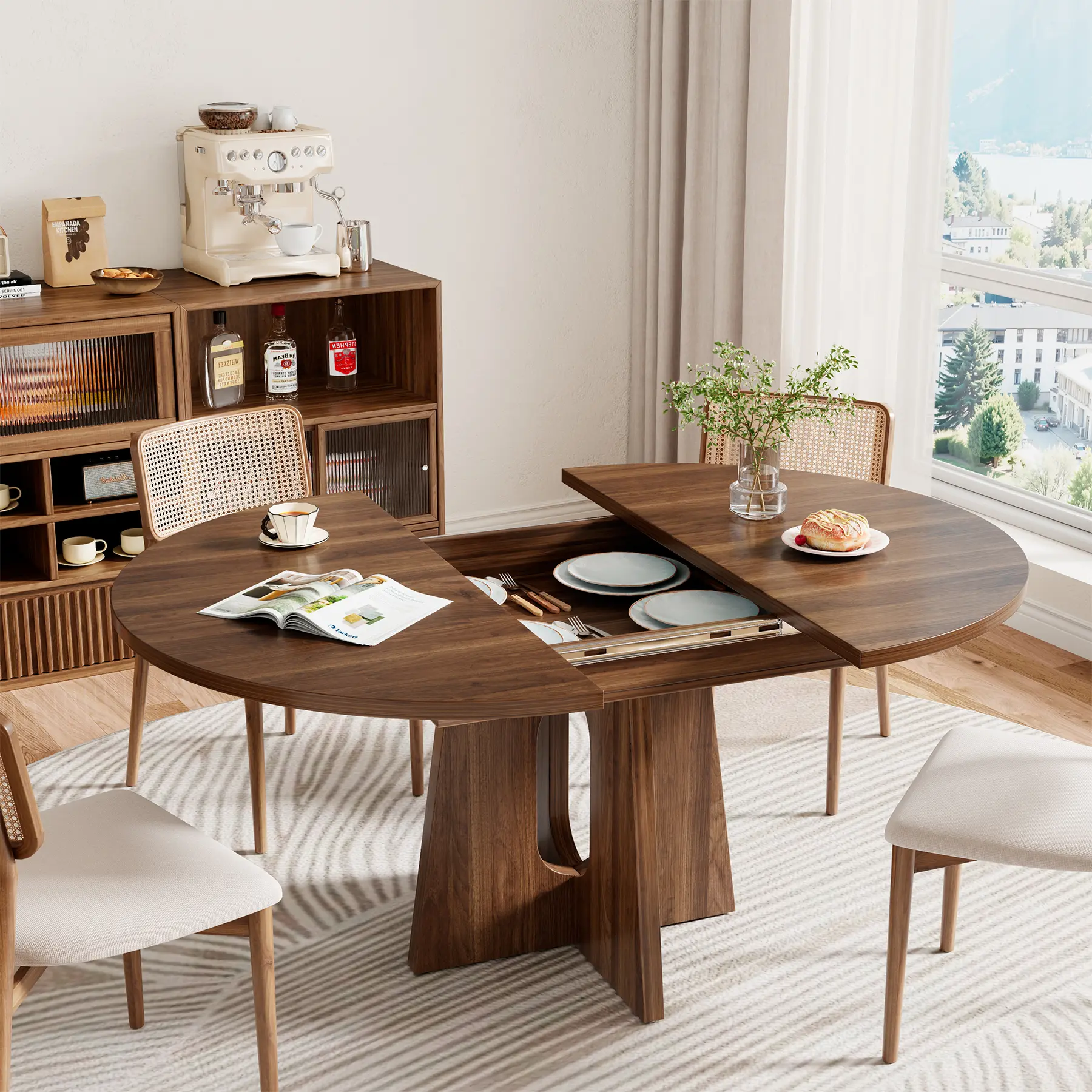 Dark Brown Walnut Convertible Dining Table - Solid Modern Farmhouse Expandable Oval Table, 43"-59" Expand, Laminate Heat-Safe Top, Heavy Cross Base, Easy Setup, 4-6 Seats, Sturdy Space-Saving Indoor Kitchen Furniture