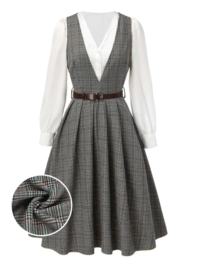 RETRO STAGE Women's 2-Piece Retro Chic Clothing Set - Casual Wear with V-Neck Plaid Pattern Dress, Long Sleeves Satin Blouse and Belted Vintage Appeal, V-Neck Dress, Concealed Zipper, Lady, Cold Wash