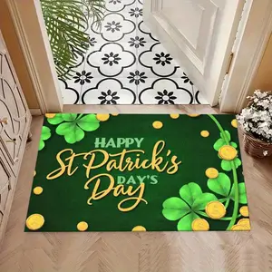 2D Flannel 1pc St. Patrick's Day Plush Flannel Doormat with Shamrock, Golden Coins, and Horseshoe- Non-Slip Green, Suitable for Outdoor Entrance, Machine Washable Irish Theme Doormat, Suitable for Front Door, Kitchen, Hallway