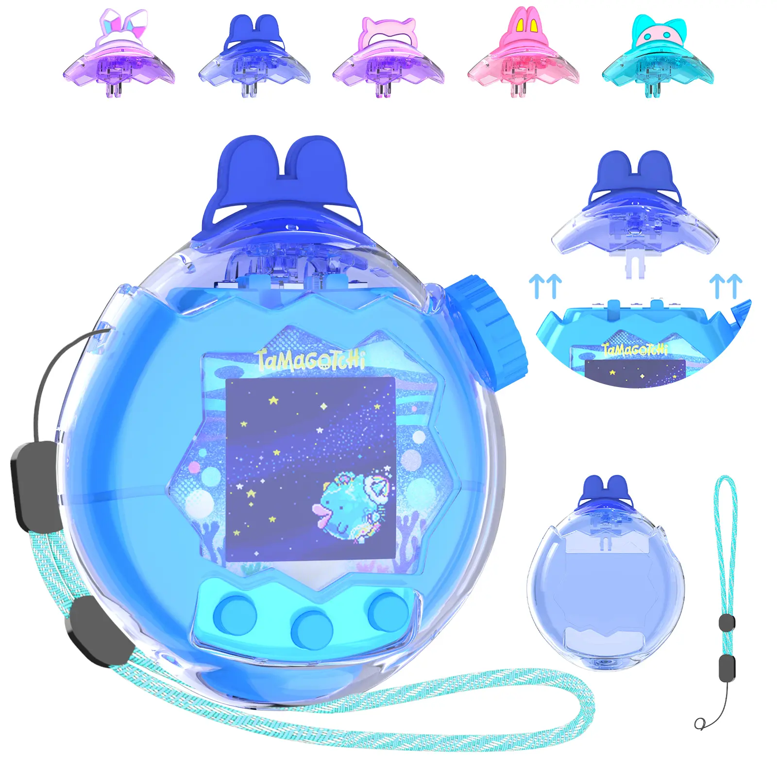 OAJ Case for Tamagotchi Paradise, Cute Ear Topper & Colored Clear Protective Cover, Hard PC Translucent Shell with Replacement Lid, Lanyard & Opening Tool, DIY Virtual Pet Accessories, Gift for Girls, Kids & Adults