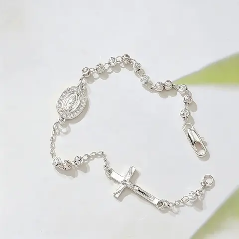 Silver Rosary Bracelet for Women, Dainty Cubic Zirconia Beaded Chain with Our Lady of Guadalupe Medal & Cross Charm, Adjustable Religious Catholic Prayer Jewelry, Ideal for Baptism, First Communion, Confirmation Gifts