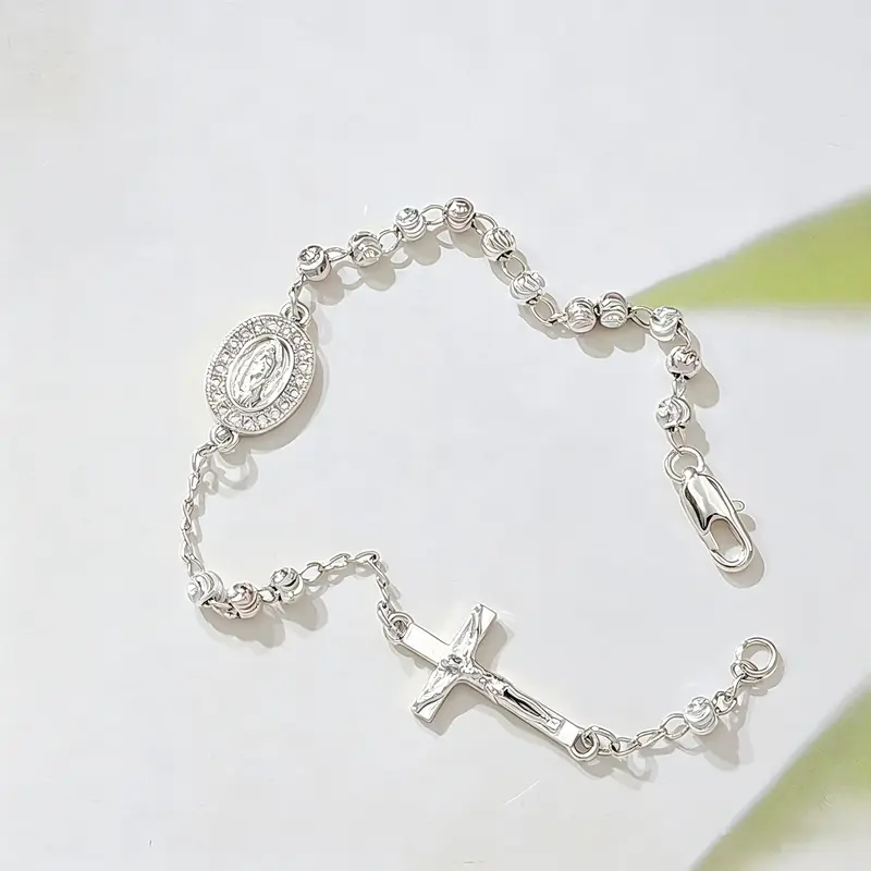 Silver Rosary Bracelet for Women, Dainty Cubic Zirconia Beaded Chain with Our Lady of Guadalupe Medal & Cross Charm, Adjustable Religious Catholic Prayer Jewelry, Ideal for Baptism, First Communion, Confirmation Gifts