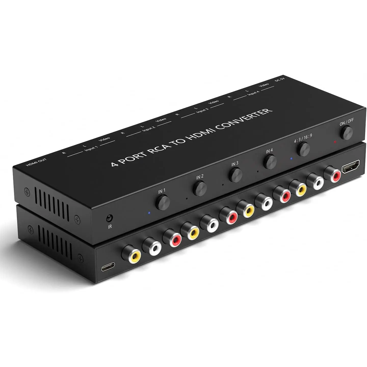 4 Port RCA to HDMI Converter 1080P/720P RCA Composite CVBS AV Switch to HDMI Converter Adapter Support 4:3/16:9 Switch, for Sega Xbox PS1 PS2 PS3 N64 NGC SNES WII VHS VCR Camera DVD(With Remote)